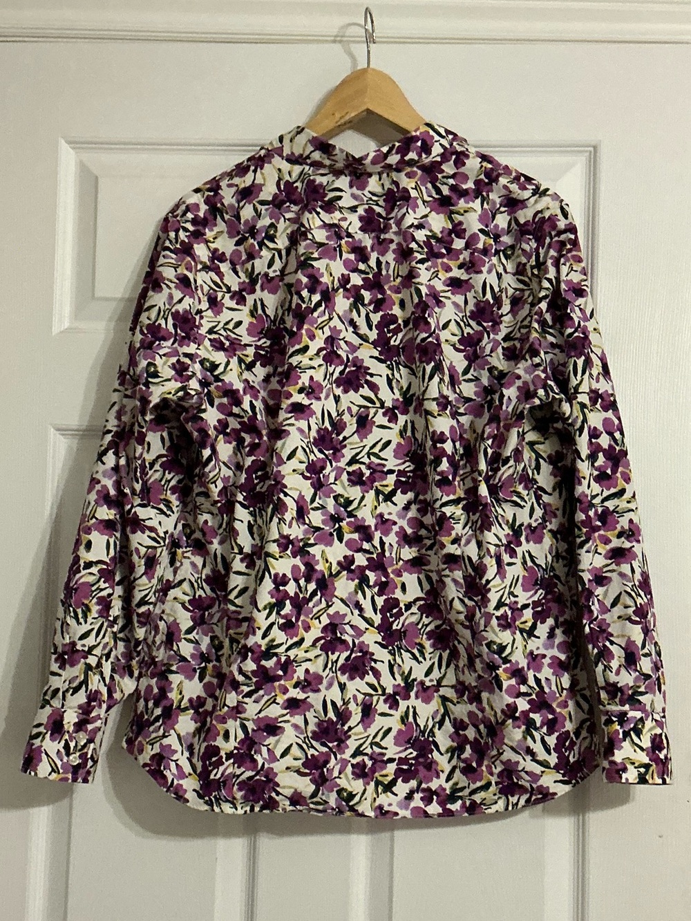 Lands' End Plus Sized Supima Cotton Purple Floral Button-Up Shirt - Picture 2 of 6